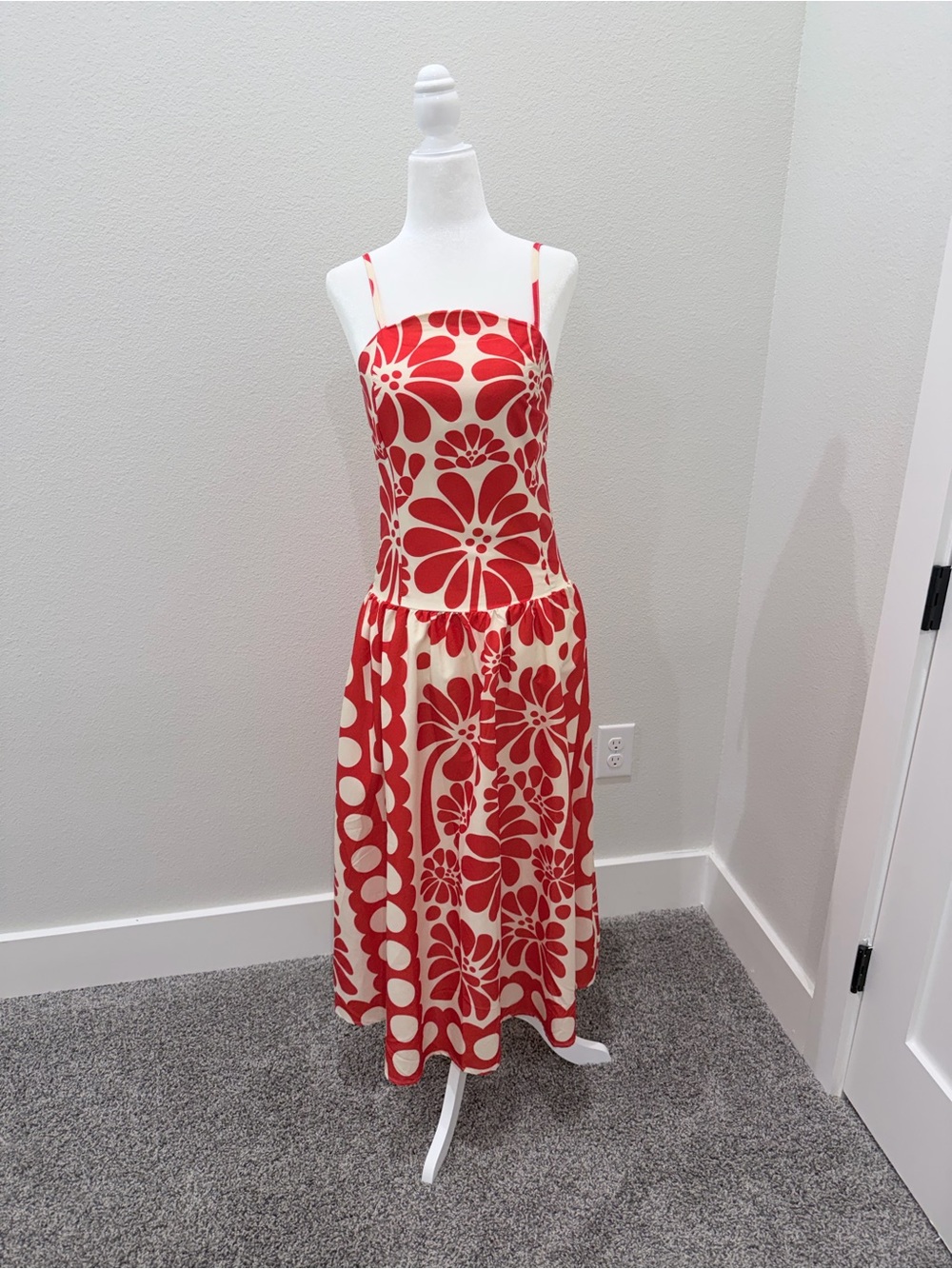 Red Floral Spaghetti-Strap Midi Dress